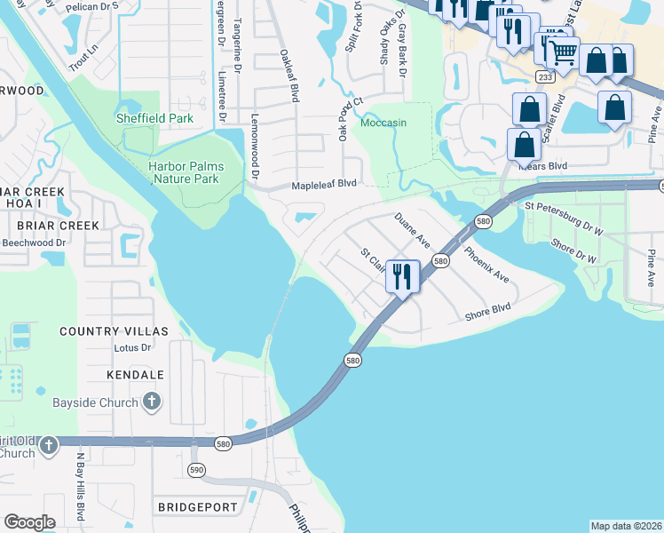 map of restaurants, bars, coffee shops, grocery stores, and more near 1004 Mango Court in Oldsmar