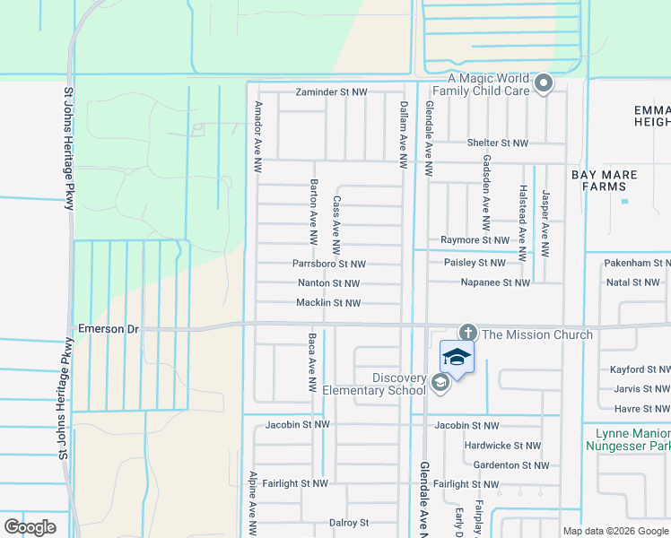 map of restaurants, bars, coffee shops, grocery stores, and more near 1779 Parrsboro Street Northwest in Palm Bay