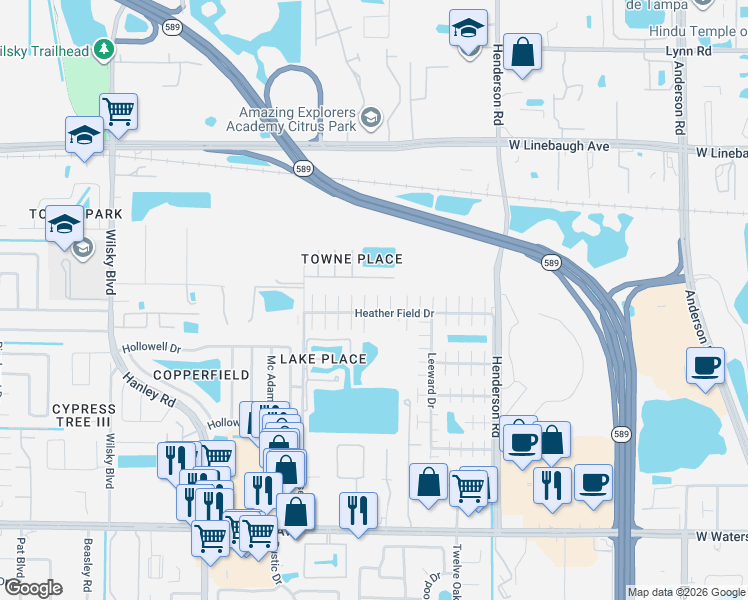 map of restaurants, bars, coffee shops, grocery stores, and more near 8906 High Ridge Court in Tampa
