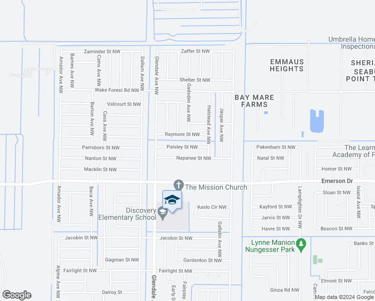 map of restaurants, bars, coffee shops, grocery stores, and more near 1578 Paisley Street Northwest in Palm Bay