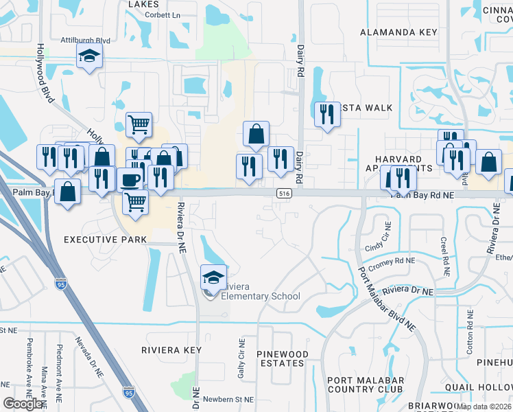 map of restaurants, bars, coffee shops, grocery stores, and more near 1480 Sheafe Avenue Northeast in Palm Bay