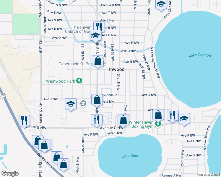 map of restaurants, bars, coffee shops, grocery stores, and more near 3245 Avenue K Northwest in Winter Haven