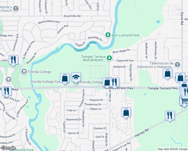map of restaurants, bars, coffee shops, grocery stores, and more near 7746 Temple Terrace Highway in Tampa