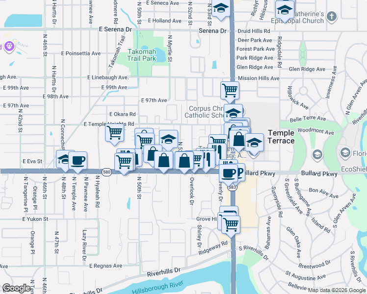map of restaurants, bars, coffee shops, grocery stores, and more near 9227 North 52nd Street in Tampa
