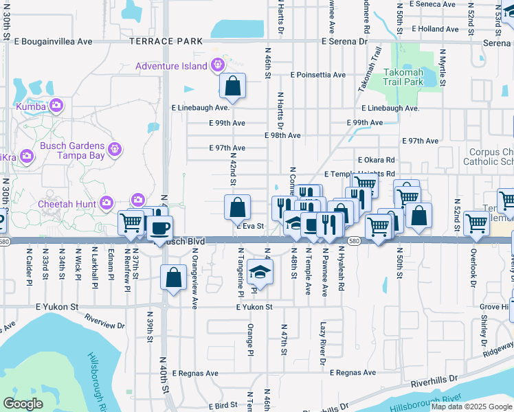 map of restaurants, bars, coffee shops, grocery stores, and more near 9402 North 46th Street in Tampa