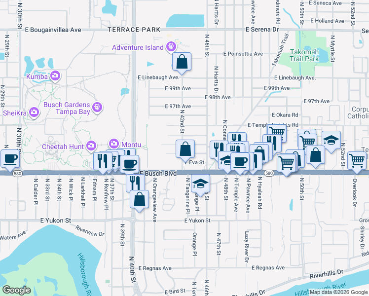 map of restaurants, bars, coffee shops, grocery stores, and more near 4206 East Sewaha Street in Tampa
