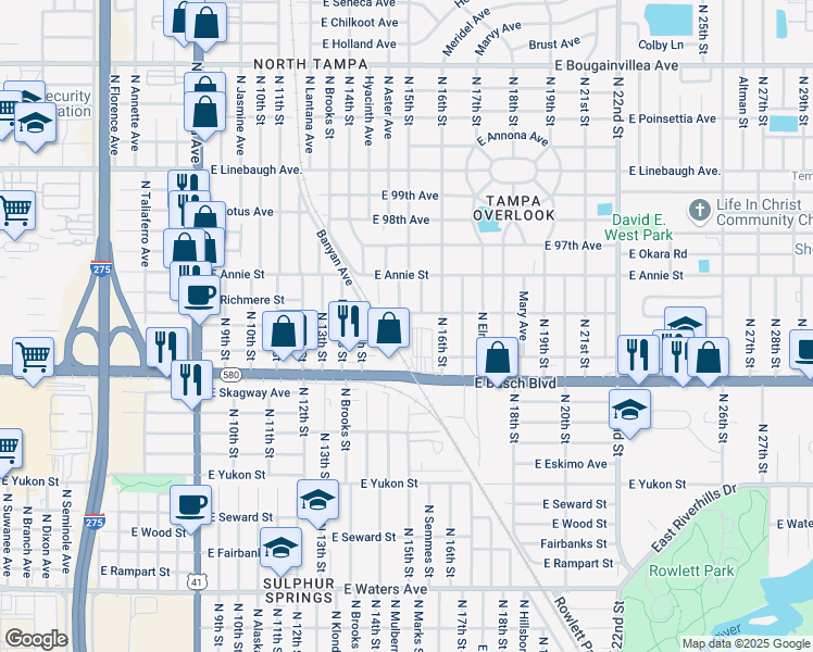 map of restaurants, bars, coffee shops, grocery stores, and more near 1504 East Sewaha Street in Tampa