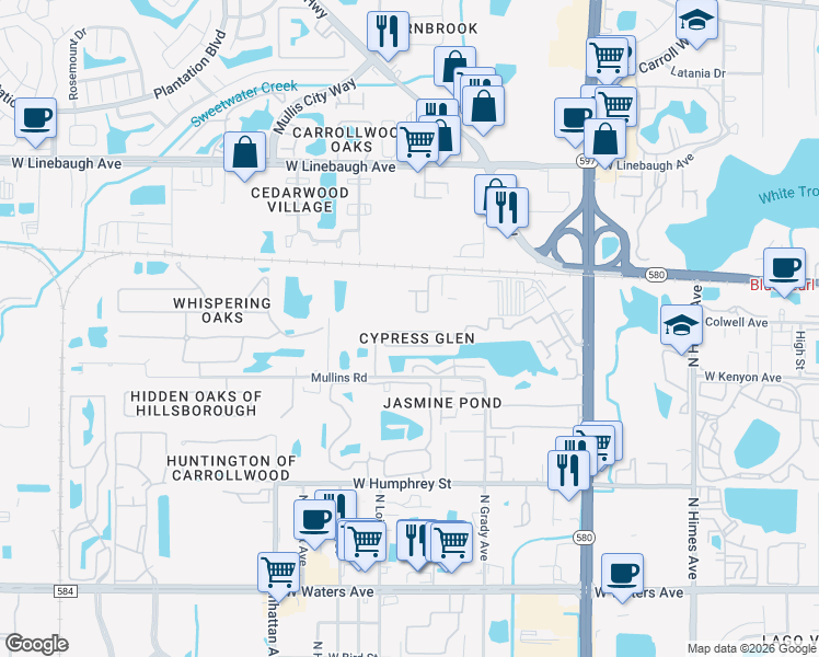 map of restaurants, bars, coffee shops, grocery stores, and more near 9543 Lazy Lane in Tampa