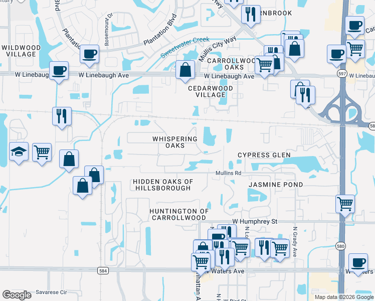 map of restaurants, bars, coffee shops, grocery stores, and more near 4605 Whispering Wind Avenue in Tampa