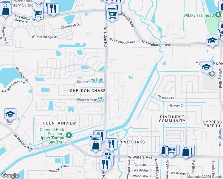map of restaurants, bars, coffee shops, grocery stores, and more near 9624 Barnside Place in Tampa