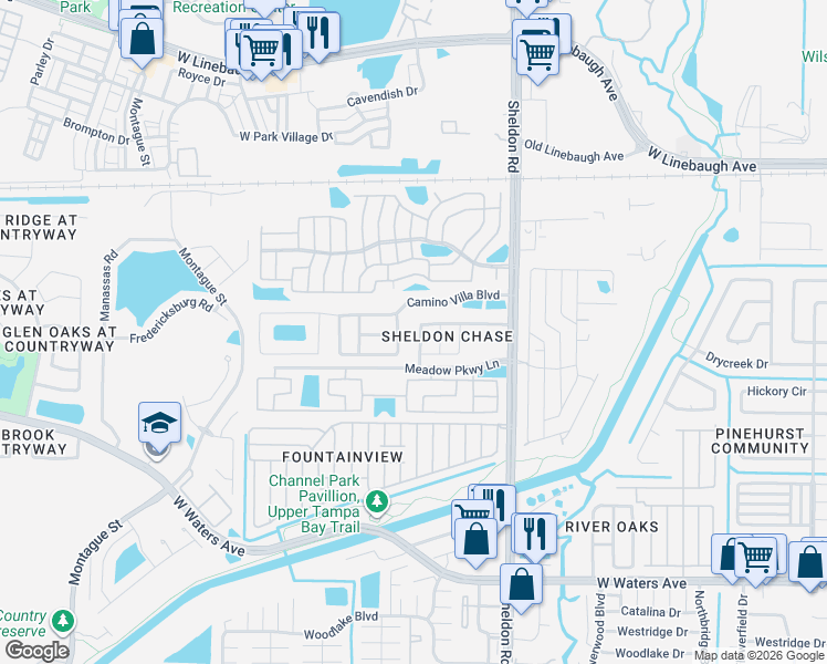 map of restaurants, bars, coffee shops, grocery stores, and more near 9004 Dixiana Villa Circle in Tampa