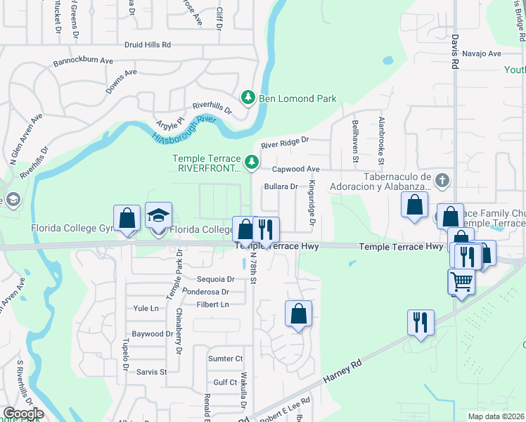 map of restaurants, bars, coffee shops, grocery stores, and more near 7813 Bullara Drive in Tampa