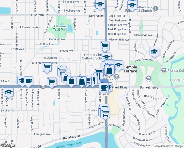 map of restaurants, bars, coffee shops, grocery stores, and more near 5536 Terrace Court in Temple Terrace