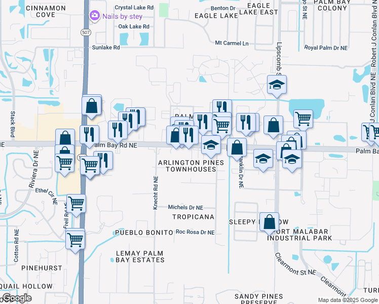 map of restaurants, bars, coffee shops, grocery stores, and more near 2040 Palm Bay Road Northeast in Palm Bay