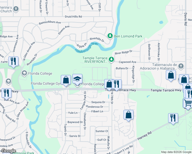 map of restaurants, bars, coffee shops, grocery stores, and more near 7746 Temple Terrace Highway in Tampa
