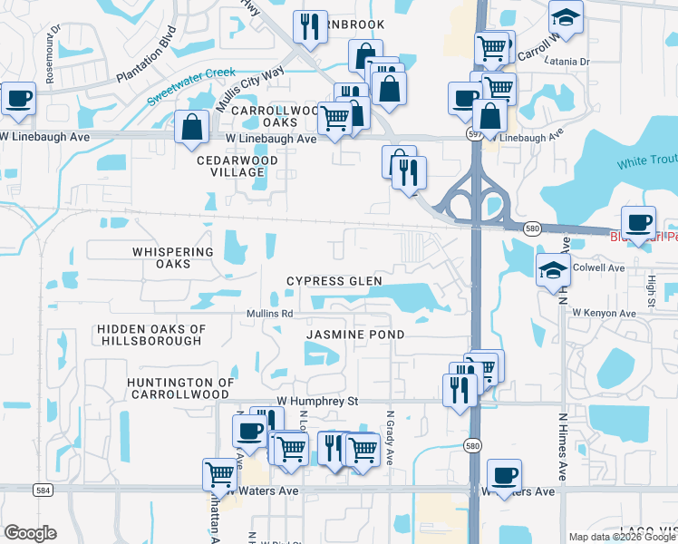 map of restaurants, bars, coffee shops, grocery stores, and more near 9543 Lazy Lane in Tampa