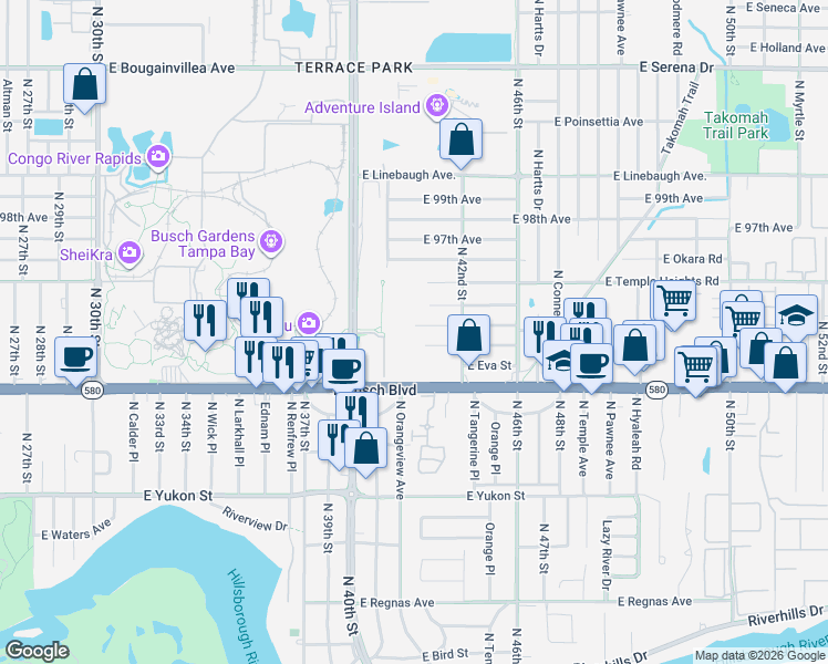 map of restaurants, bars, coffee shops, grocery stores, and more near 3 North 42nd Street in Tampa