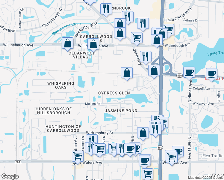 map of restaurants, bars, coffee shops, grocery stores, and more near 9543 Lazy Lane in Tampa