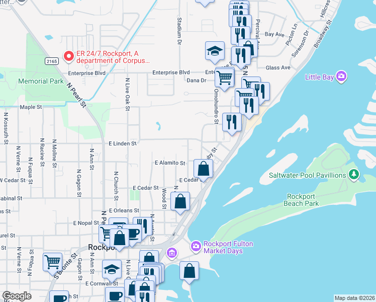 map of restaurants, bars, coffee shops, grocery stores, and more near 1120 Patton St in Rockport