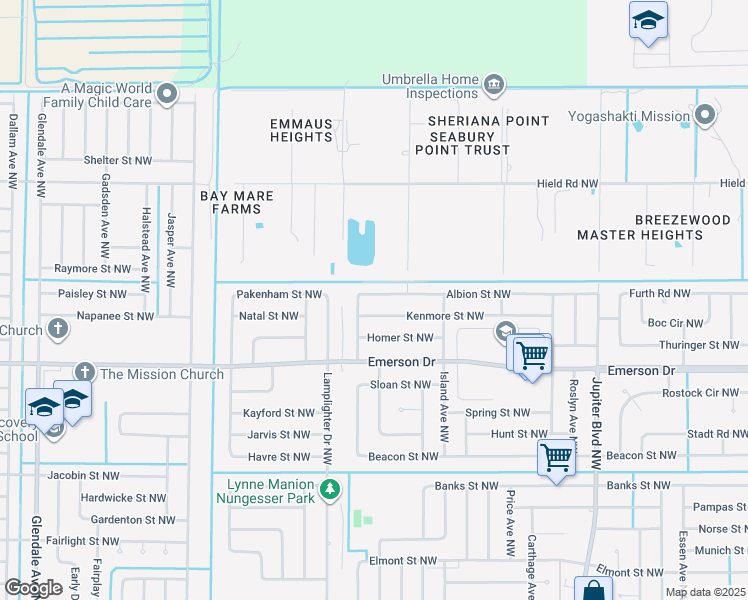 map of restaurants, bars, coffee shops, grocery stores, and more near 1166 Albion Street Northwest in Palm Bay