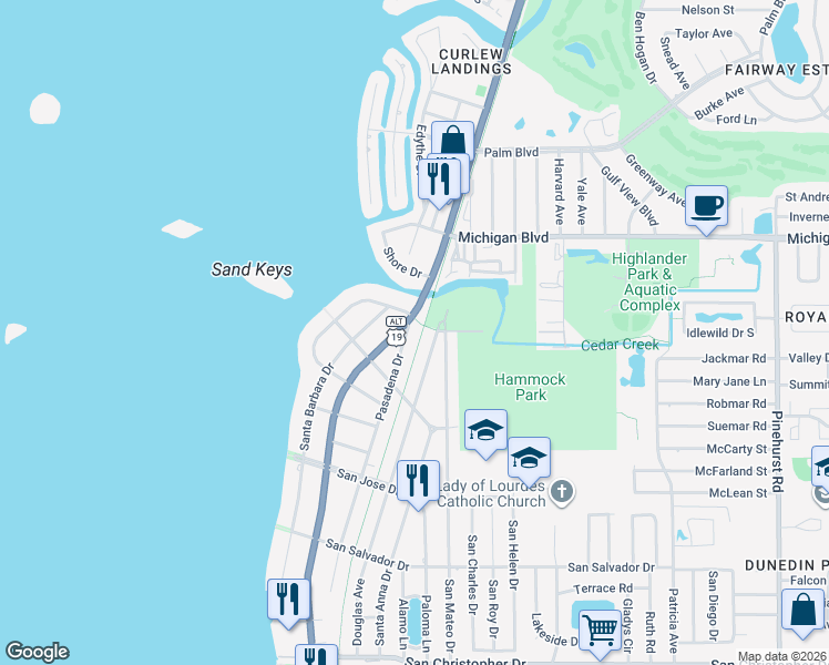 map of restaurants, bars, coffee shops, grocery stores, and more near 211 North Buena Vista Drive in Dunedin