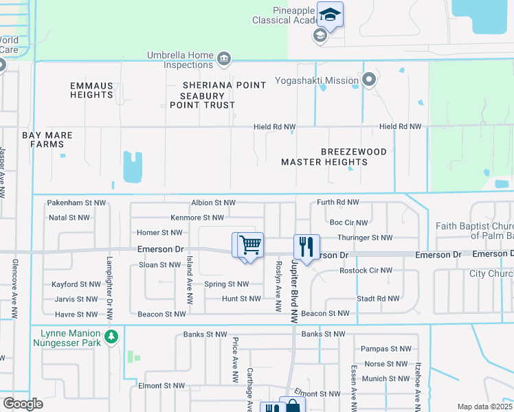 map of restaurants, bars, coffee shops, grocery stores, and more near 966 Albion Street Northwest in Palm Bay