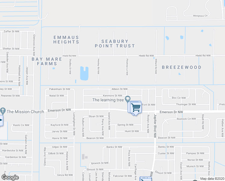 map of restaurants, bars, coffee shops, grocery stores, and more near 1084 Albion Street Northwest in Palm Bay