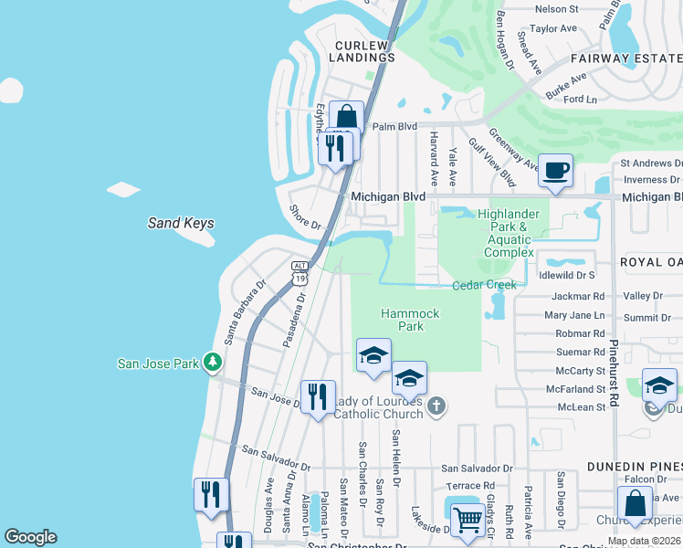 map of restaurants, bars, coffee shops, grocery stores, and more near San Mateo Drive & Buena Vista Drive North in Dunedin