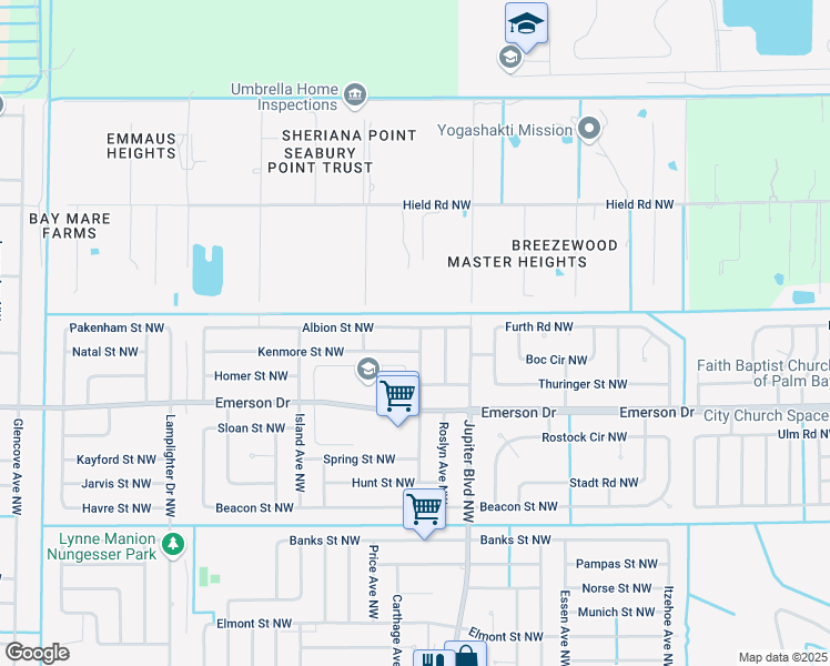 map of restaurants, bars, coffee shops, grocery stores, and more near 958 Albion Street Northwest in Palm Bay