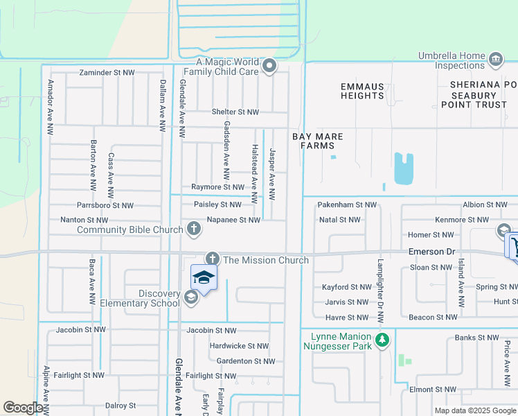map of restaurants, bars, coffee shops, grocery stores, and more near 1441 Halstead Avenue Northwest in Palm Bay