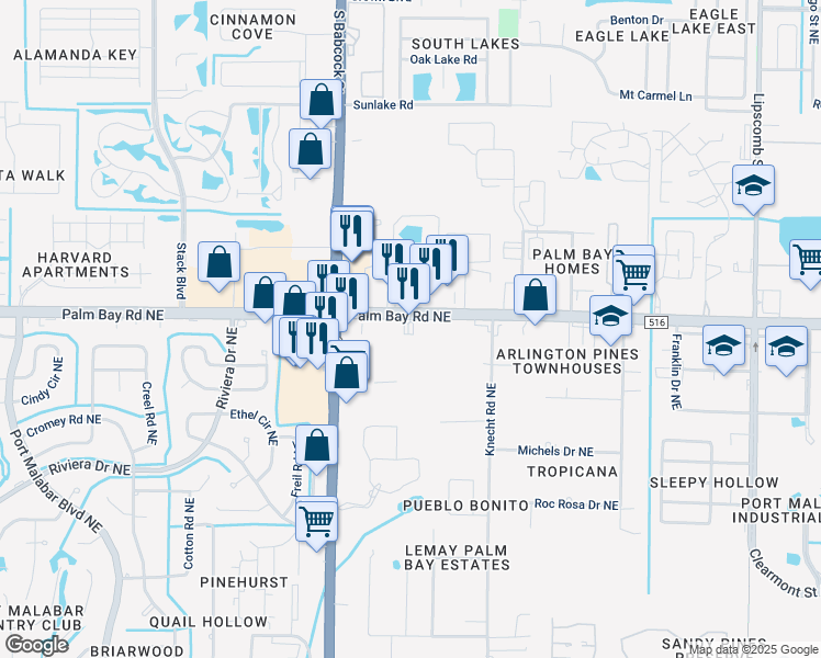 map of restaurants, bars, coffee shops, grocery stores, and more near 1760 Palm Bay Road Northeast in Palm Bay