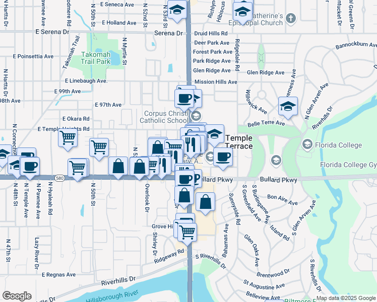 map of restaurants, bars, coffee shops, grocery stores, and more near 9428 North 56th Street in Temple Terrace