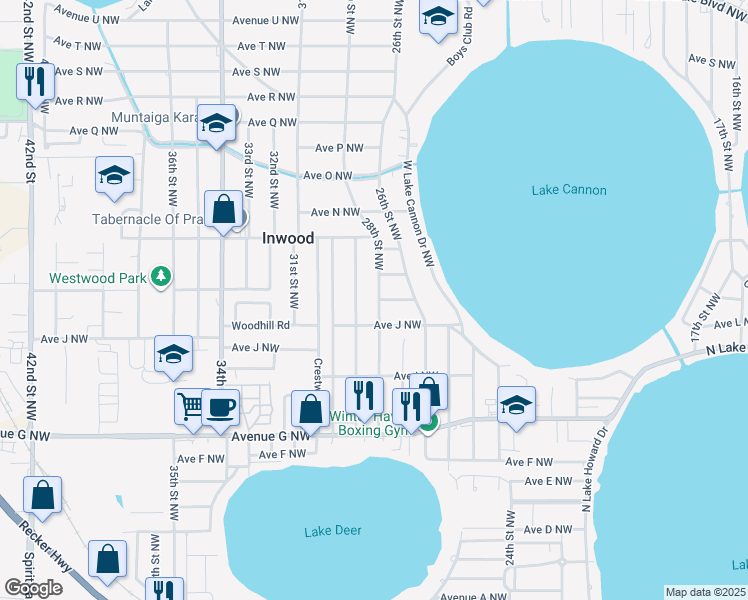 map of restaurants, bars, coffee shops, grocery stores, and more near 1101 28th Street Northwest in Winter Haven