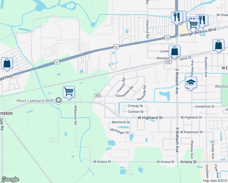 map of restaurants, bars, coffee shops, grocery stores, and more near 732 Lebanon Road in Lakeland
