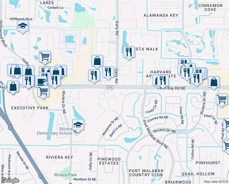 map of restaurants, bars, coffee shops, grocery stores, and more near 1481 Sheafe Avenue Northeast in Palm Bay