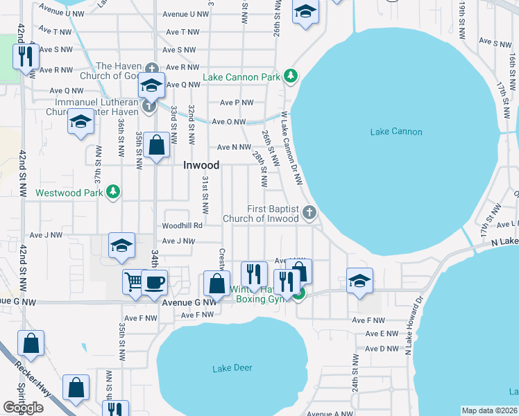 map of restaurants, bars, coffee shops, grocery stores, and more near 1060 29th Street Northwest in Winter Haven