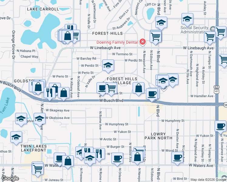 map of restaurants, bars, coffee shops, grocery stores, and more near 1406 Pradera Avenue in Tampa