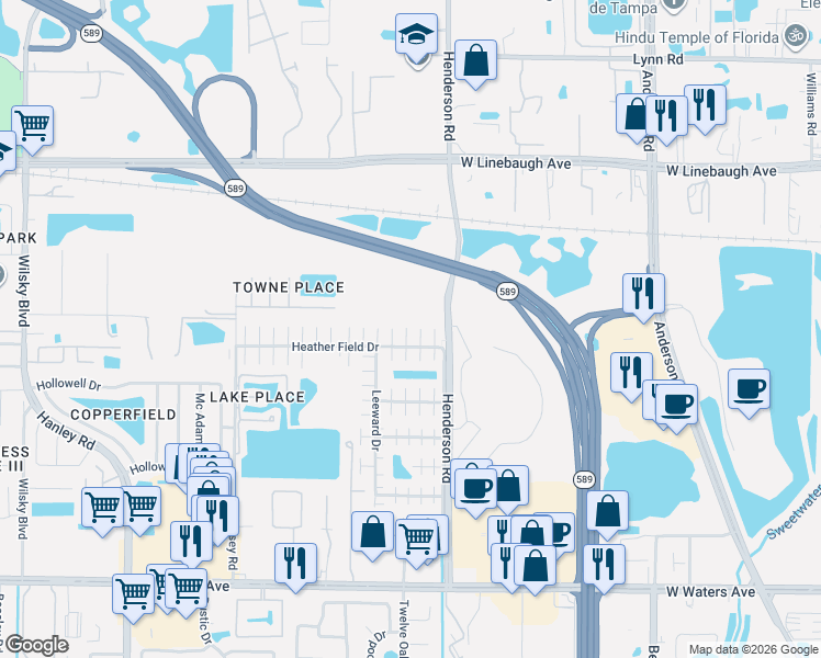 map of restaurants, bars, coffee shops, grocery stores, and more near 8918 Rocky Run Court in Tampa