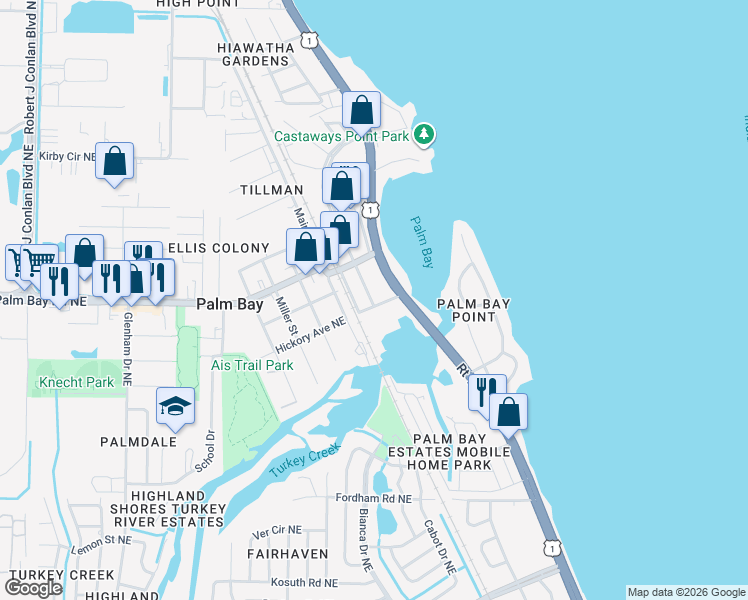 map of restaurants, bars, coffee shops, grocery stores, and more near 1425 Orange Blossom Trail Northeast in Palm Bay