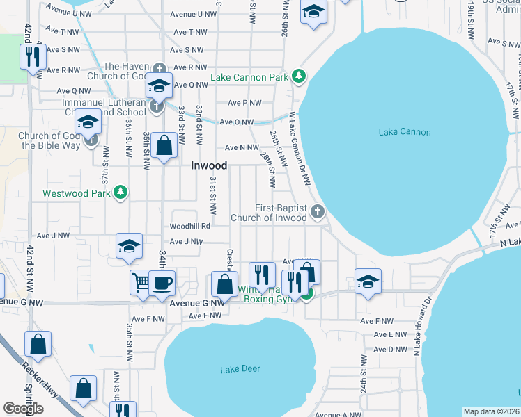 map of restaurants, bars, coffee shops, grocery stores, and more near 1060 29th Street Northwest in Winter Haven