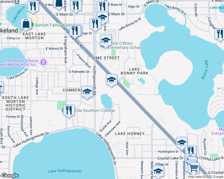 map of restaurants, bars, coffee shops, grocery stores, and more near 726 Hollingsworth Road in Lakeland