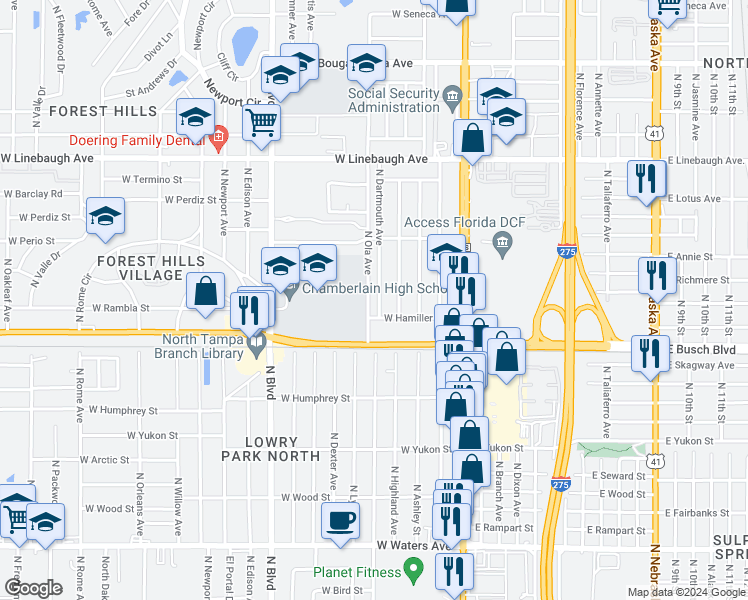map of restaurants, bars, coffee shops, grocery stores, and more near 9310 North Dartmouth Avenue in Tampa
