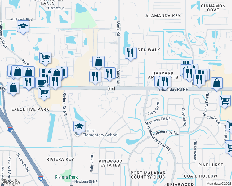 map of restaurants, bars, coffee shops, grocery stores, and more near 1471 Sheafe Avenue Northeast in Palm Bay