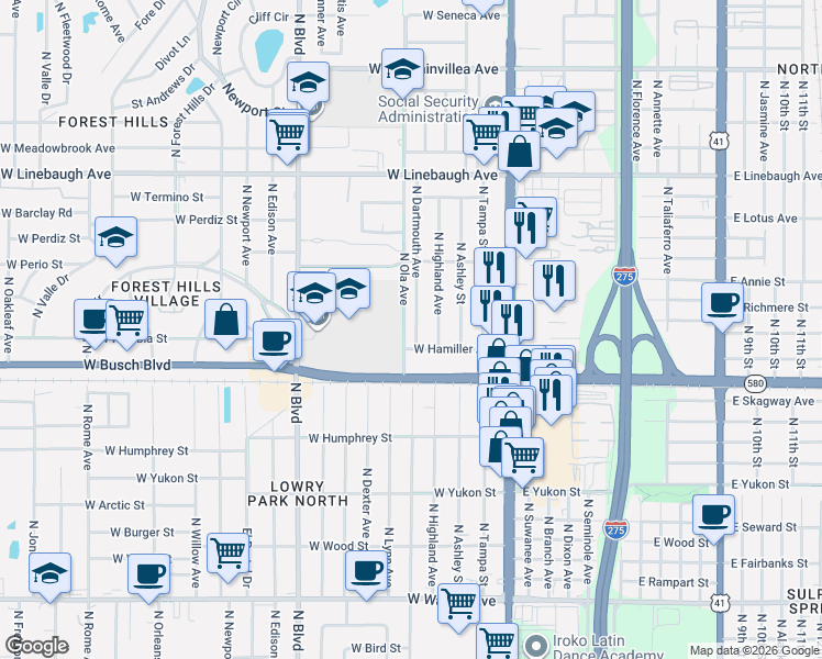 map of restaurants, bars, coffee shops, grocery stores, and more near 9310 North Dartmouth Avenue in Tampa
