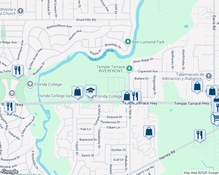 map of restaurants, bars, coffee shops, grocery stores, and more near 7518 Rosewood Garden Loop in Tampa