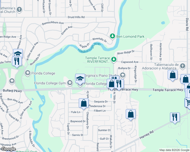 map of restaurants, bars, coffee shops, grocery stores, and more near 7746 Temple Terrace Highway in Tampa