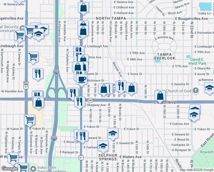 map of restaurants, bars, coffee shops, grocery stores, and more near 9404 North 12th Street in Tampa