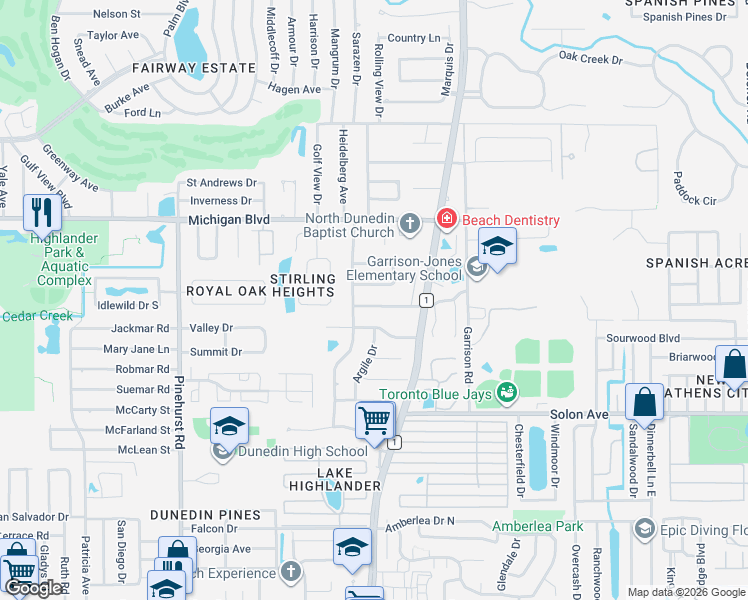 map of restaurants, bars, coffee shops, grocery stores, and more near 1521 Glen Hollow Lane North in Dunedin