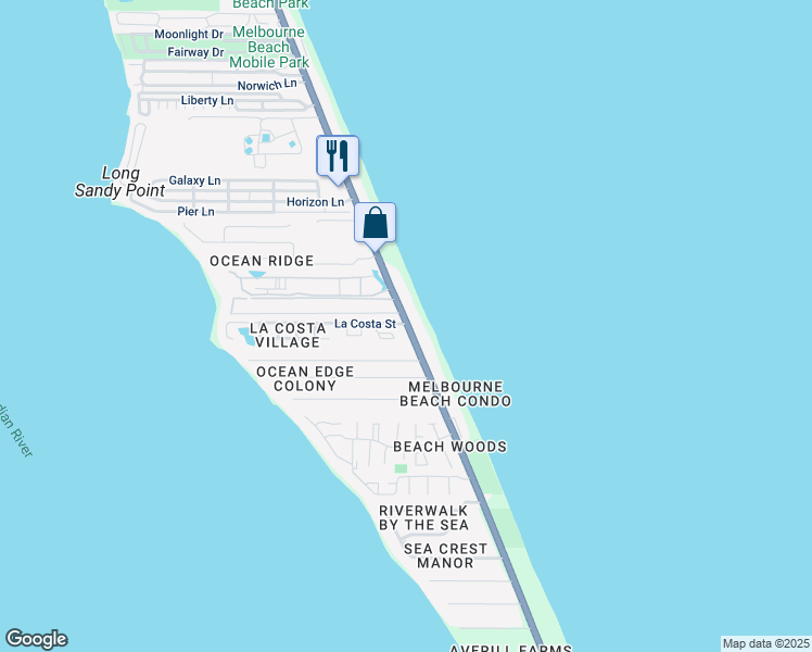 map of restaurants, bars, coffee shops, grocery stores, and more near 151 Seaview Street in Melbourne Beach