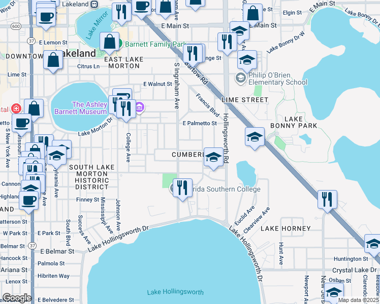 map of restaurants, bars, coffee shops, grocery stores, and more near 1032 Cumberland Street in Lakeland